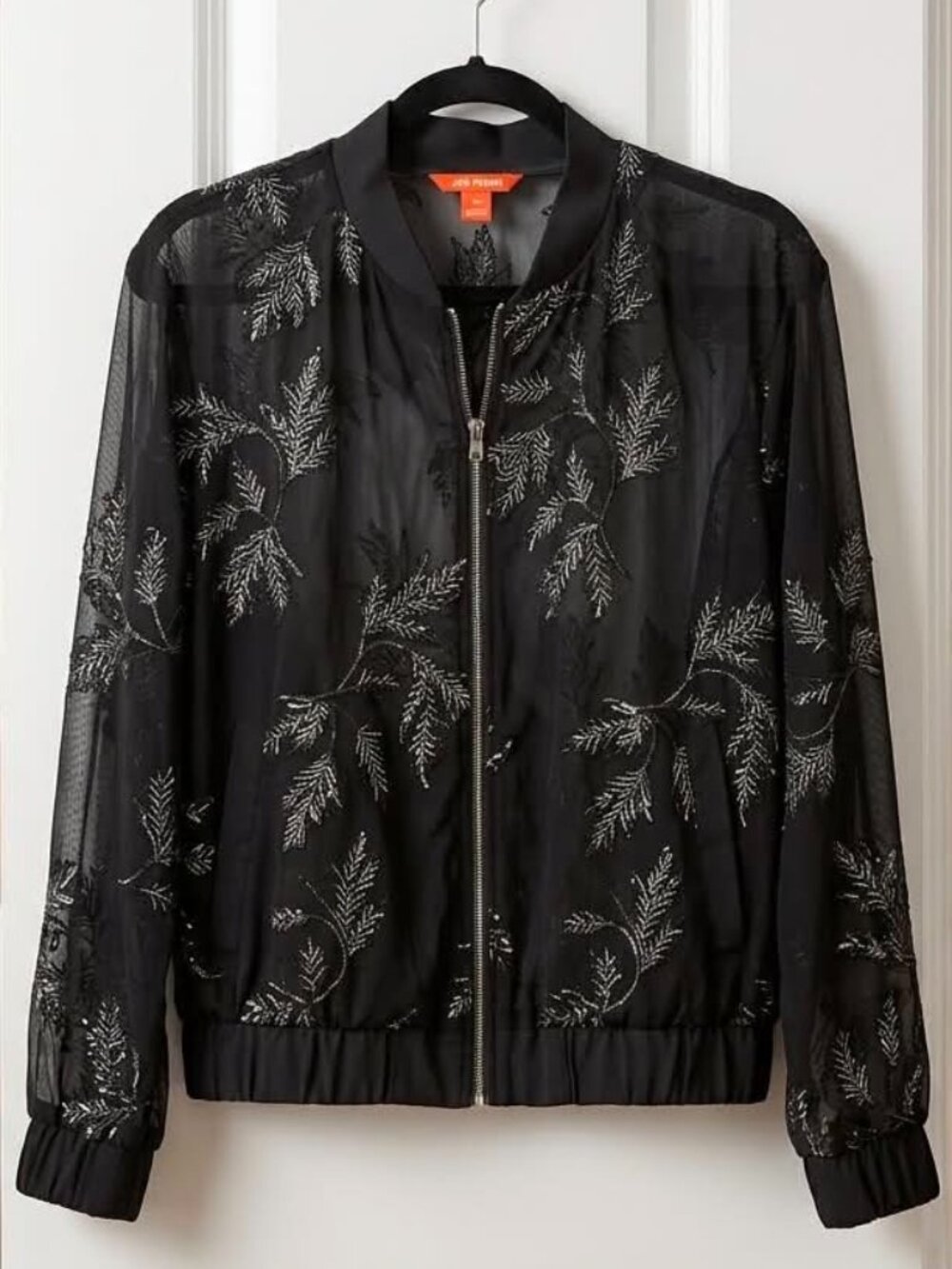 Joe Fresh Black Sheer Embroidered Floral Bomber Jacket M